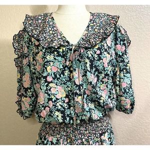 Vtg Floral Midi Dress Peter Pan Collar Puff Sleeve Elastic Waist Cottage